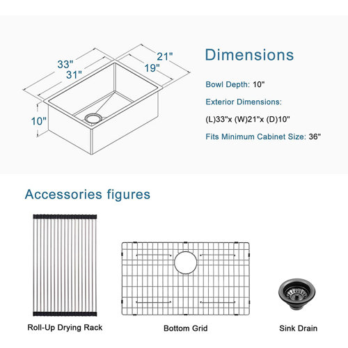ALWEN 33'' L Undermount Single Bowl Stainless Steel Kitchen Sink Wayfair